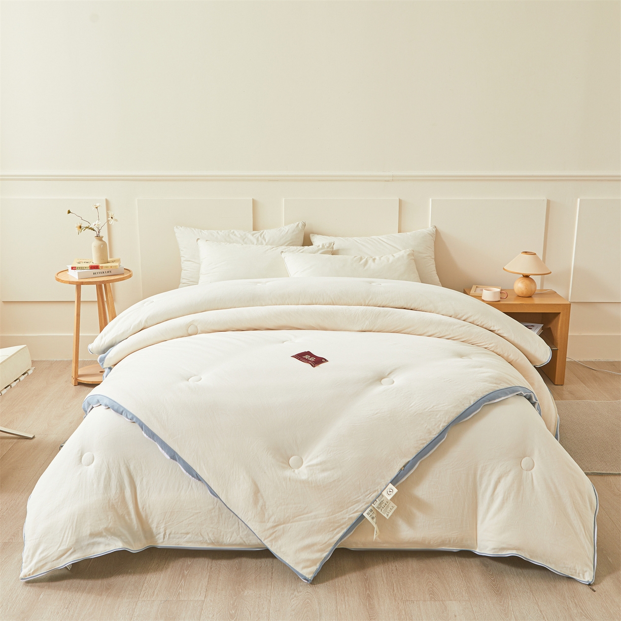 91家纺网 家纺一手货源 找家纺 逸居家纺 2025新款A类水洗棉立体边良品大豆被子母被 良品大豆子母被-白拼海蓝