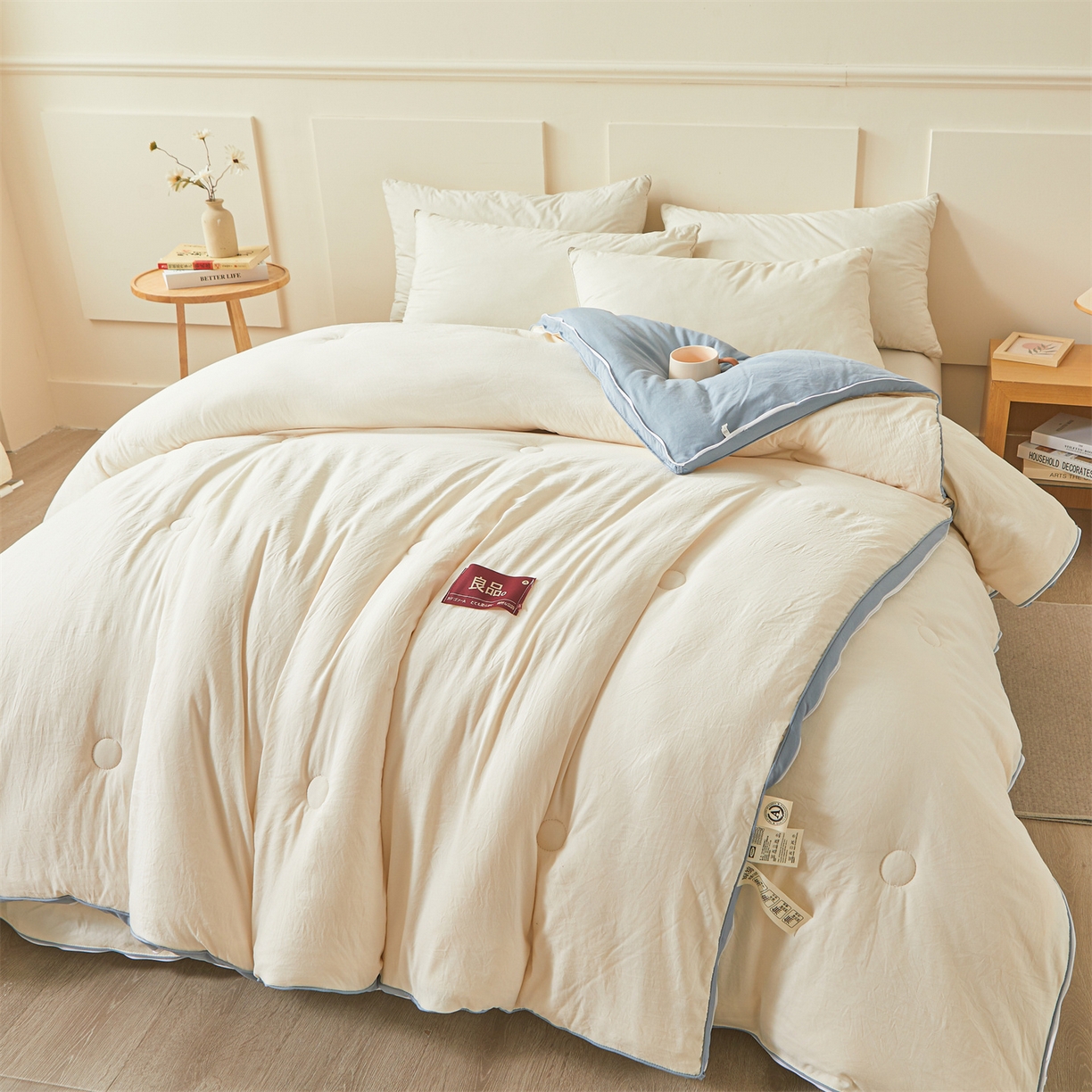 91家纺网 家纺一手货源 找家纺 逸居家纺 2025新款A类水洗棉立体边良品大豆被子母被 良品大豆子母被-白拼海蓝
