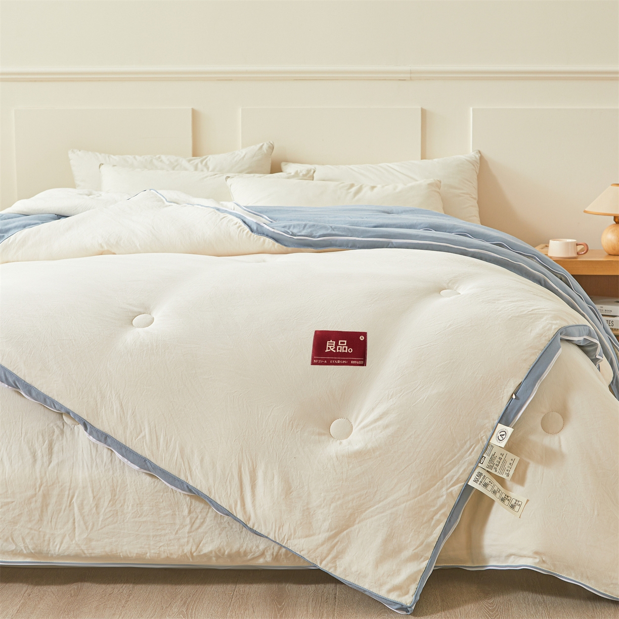 91家纺网 家纺一手货源 找家纺 逸居家纺 2025新款A类水洗棉立体边良品大豆被子母被 良品大豆子母被-白拼海蓝