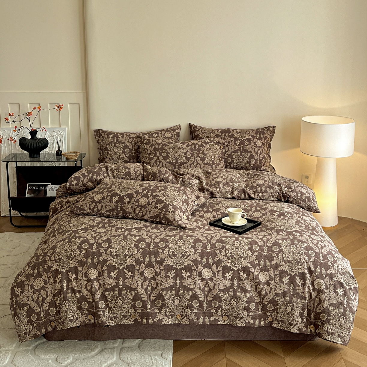 梦纤绒 2025新款亚麻纽扣款四件套 花夕棕