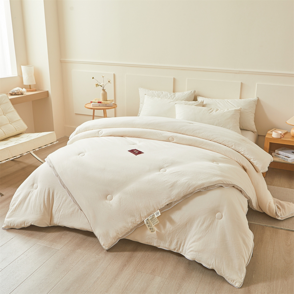 91家纺网 家纺一手货源 找家纺 逸居家纺 2025新款A类水洗棉立体边良品大豆被子母被 良品大豆子母被-白拼咖