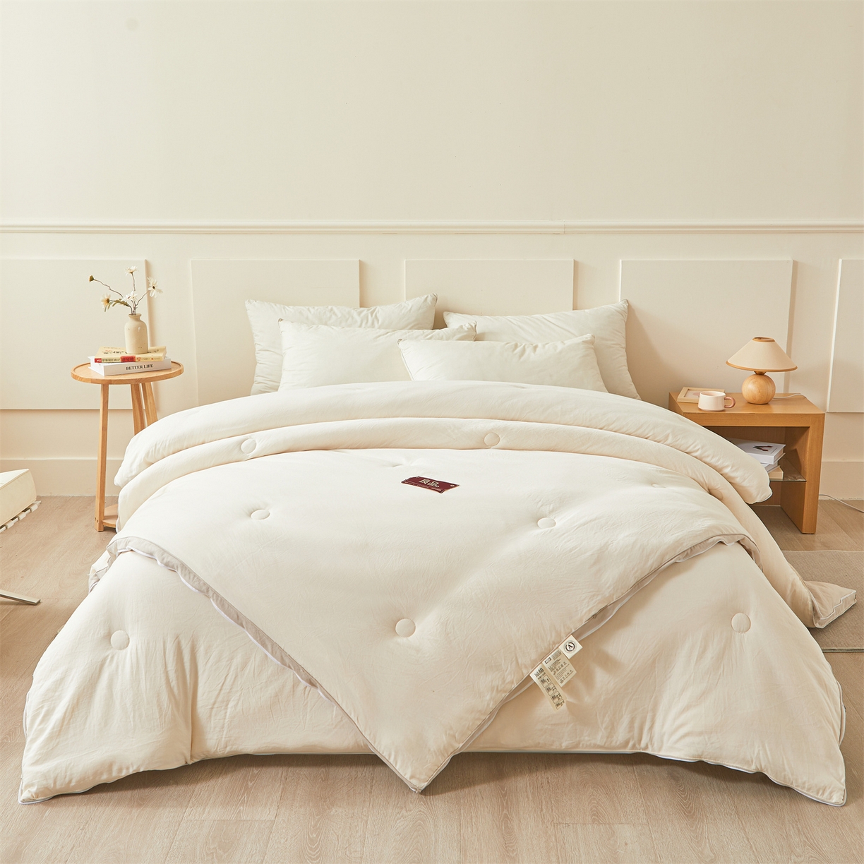 91家纺网 家纺一手货源 找家纺 逸居家纺 2025新款A类水洗棉立体边良品大豆被子母被 良品大豆子母被-白拼咖