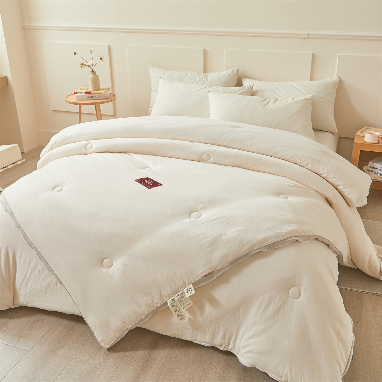 91家纺网 家纺一手货源 找家纺 逸居家纺 2025新款A类水洗棉立体边良品大豆被子母被 良品大豆子母被-白拼咖