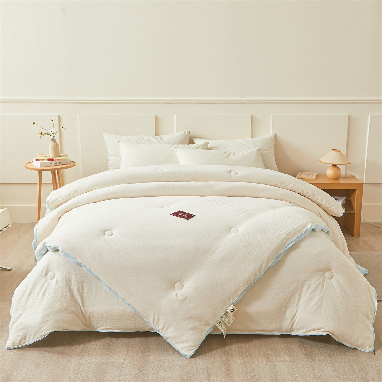 91家纺网 家纺一手货源 找家纺 逸居家纺 2025新款A类水洗棉立体边良品大豆被子母被 良品大豆子母被-白拼天蓝