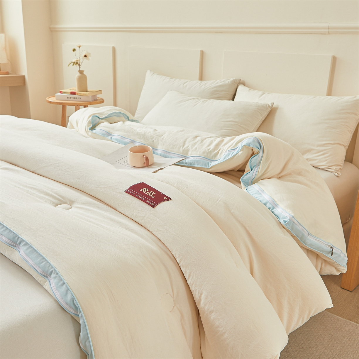 91家纺网 家纺一手货源 找家纺 逸居家纺 2025新款A类水洗棉立体边良品大豆被子母被 良品大豆子母被-白拼天蓝