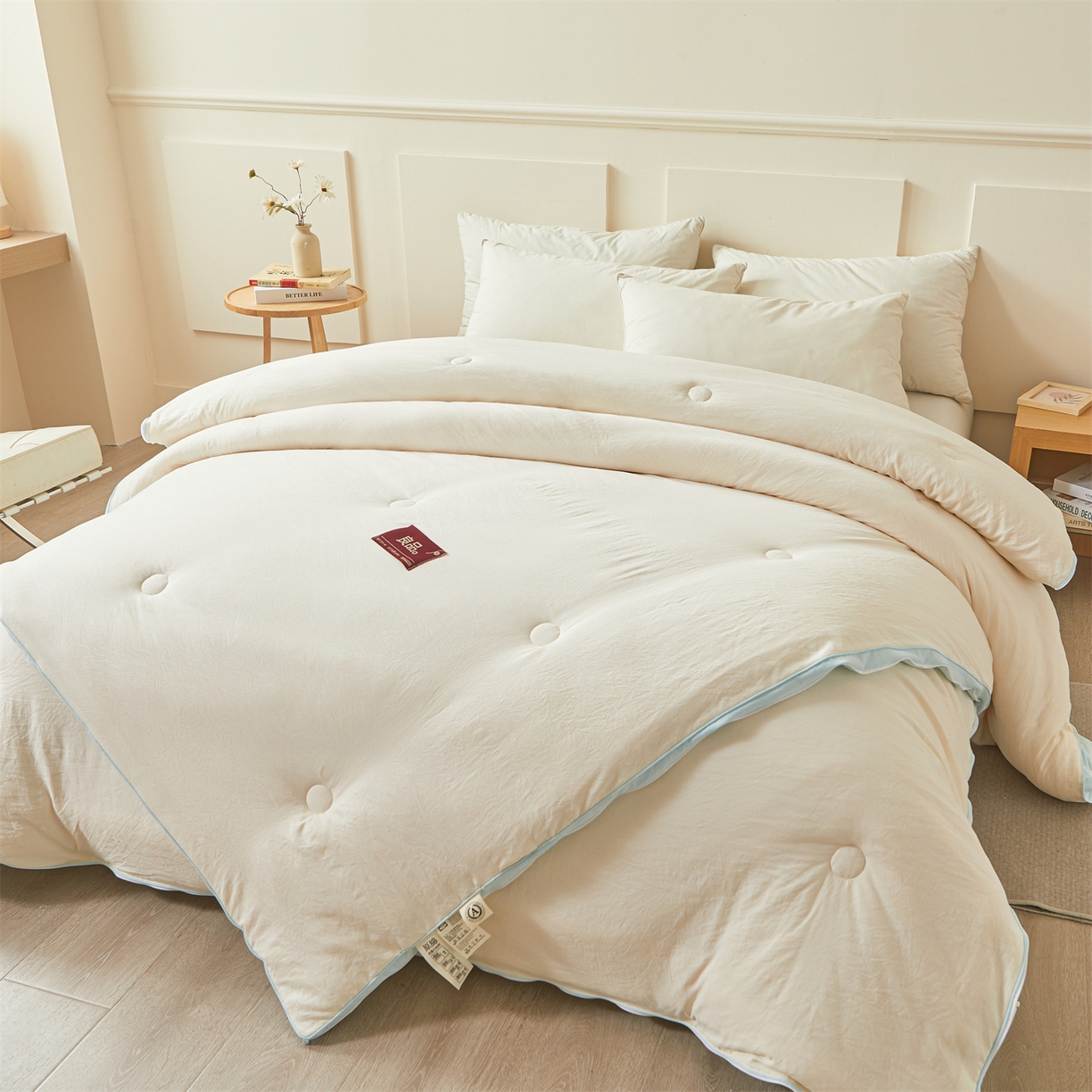 91家纺网 家纺一手货源 找家纺 逸居家纺 2025新款A类水洗棉立体边良品大豆被子母被 良品大豆子母被-白拼天蓝