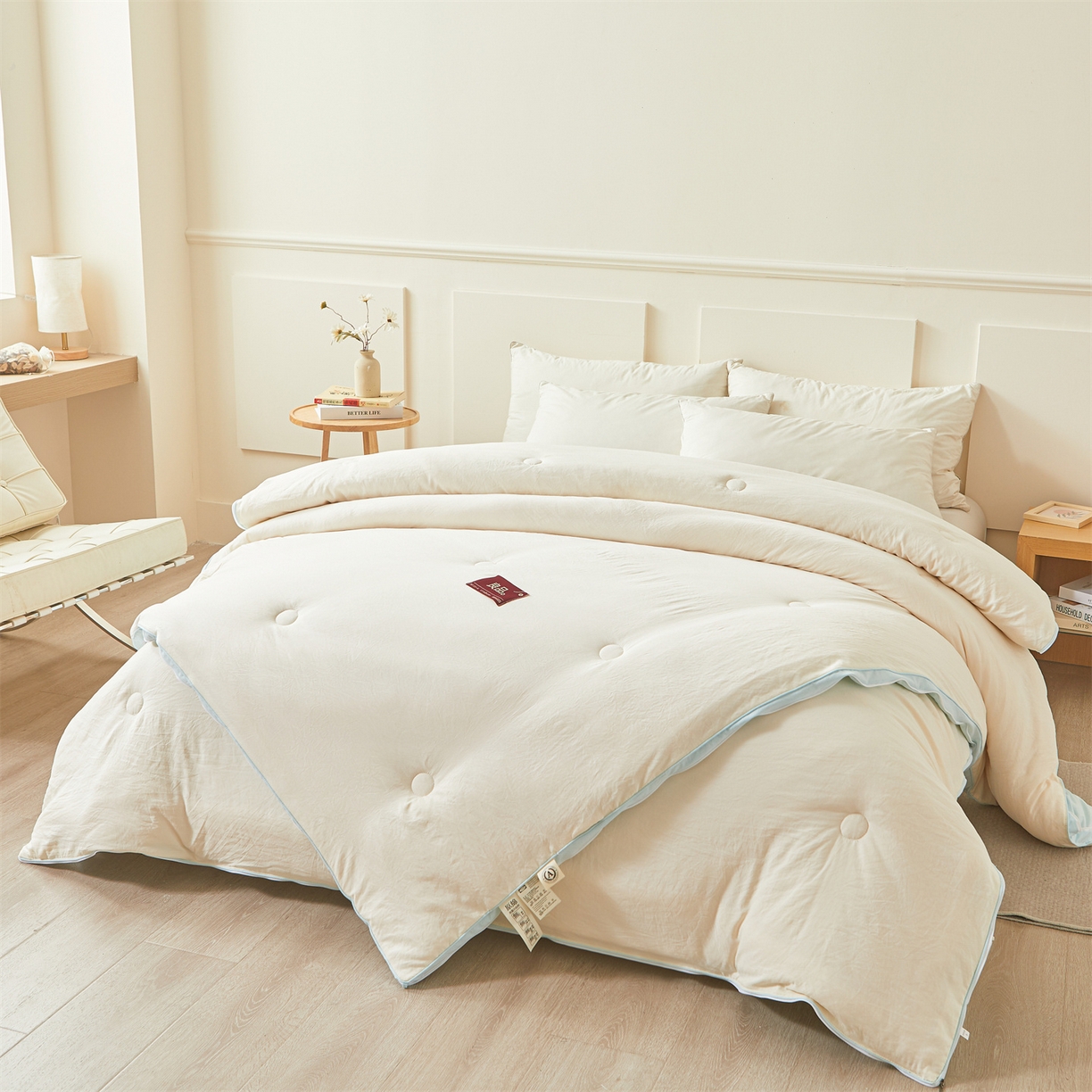 91家纺网 家纺一手货源 找家纺 逸居家纺 2025新款A类水洗棉立体边良品大豆被子母被 良品大豆子母被-白拼天蓝
