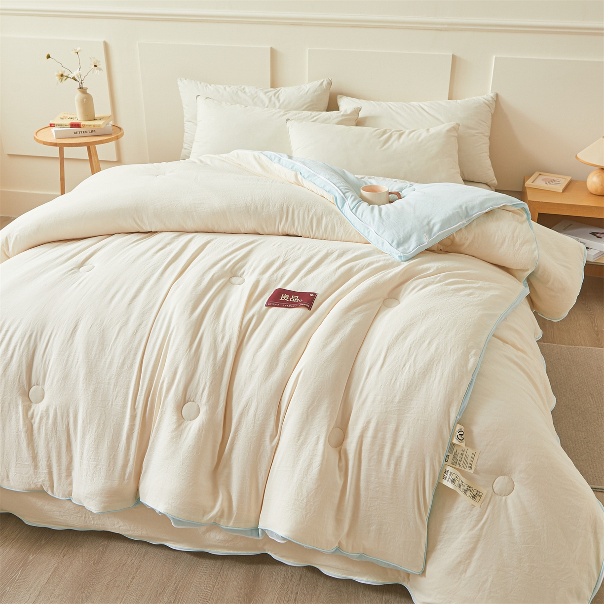 91家纺网 家纺一手货源 找家纺 逸居家纺 2025新款A类水洗棉立体边良品大豆被子母被 良品大豆子母被-白拼天蓝