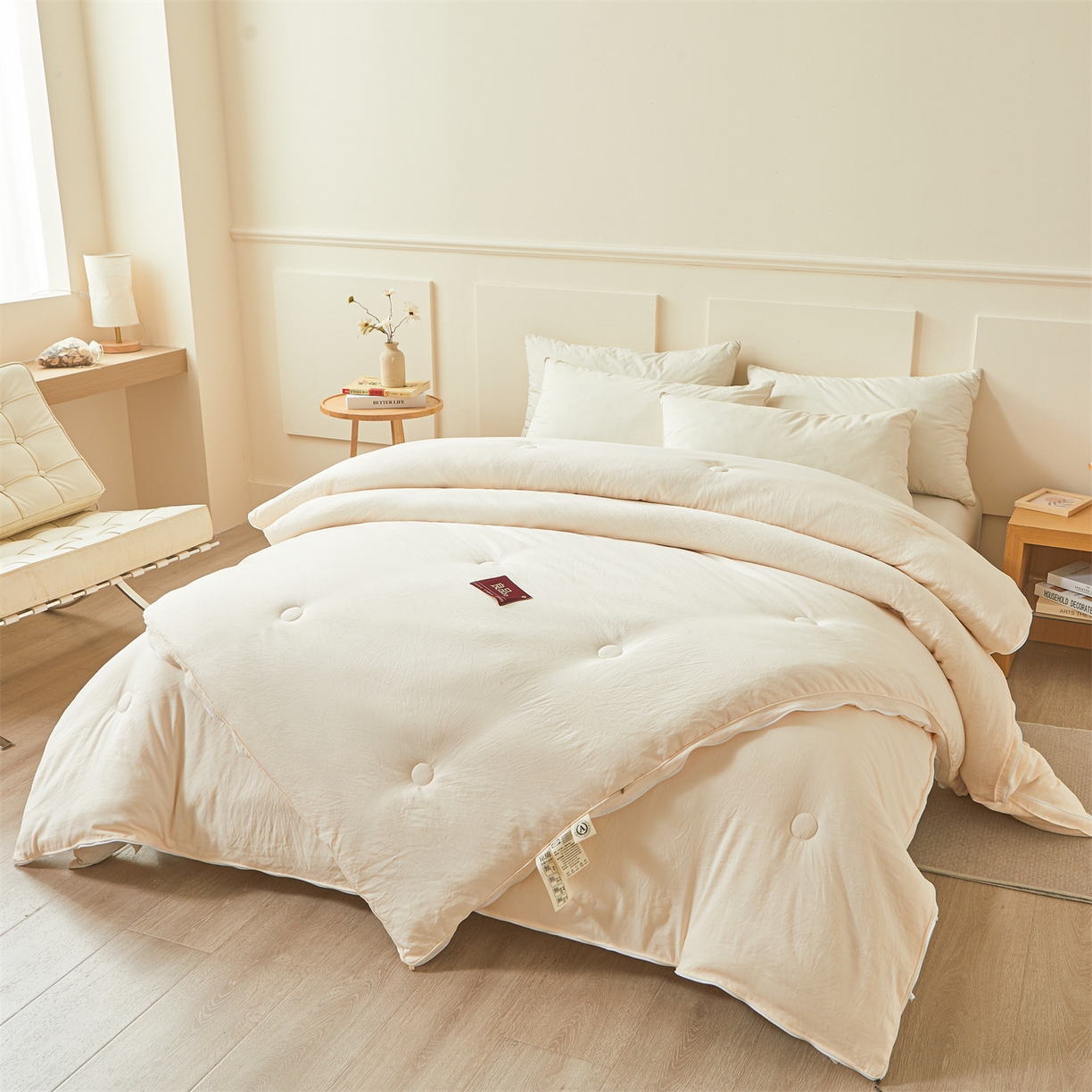 91家纺网 家纺一手货源 找家纺 逸居家纺 2025新款A类水洗棉立体边良品大豆被子母被 良品大豆子母被-奶油白