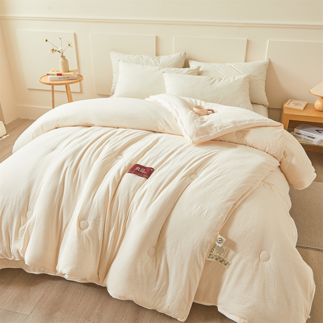 91家纺网 家纺一手货源 找家纺 逸居家纺 2025新款A类水洗棉立体边良品大豆被子母被 良品大豆子母被-奶油白