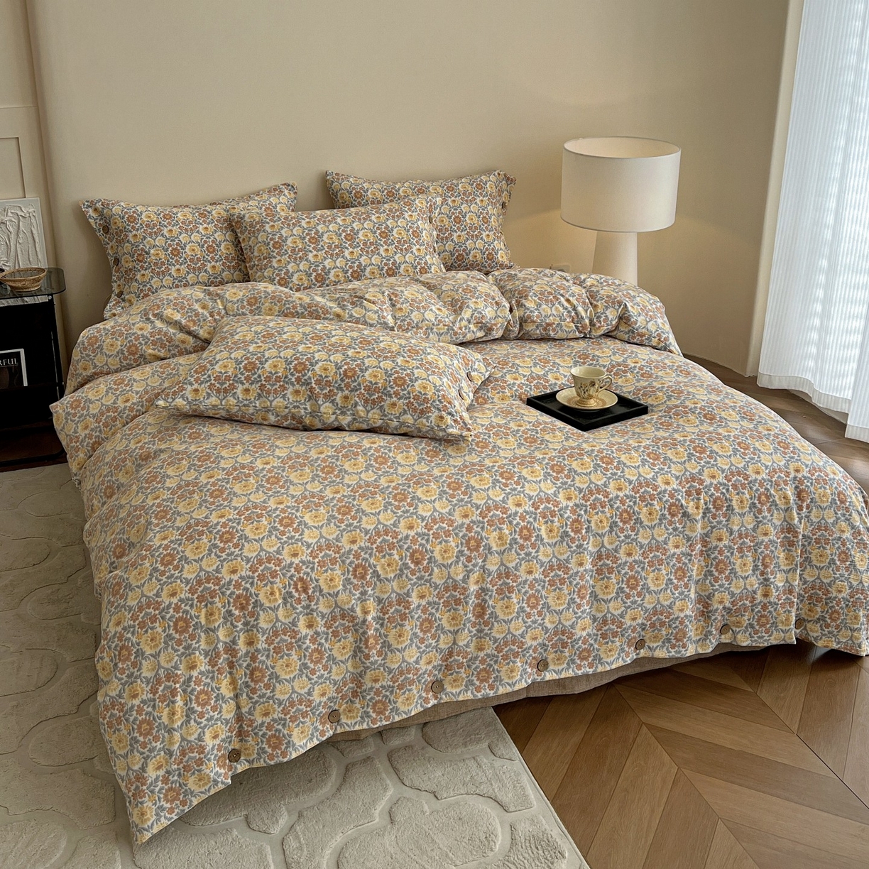 91家纺网 家纺一手货源 找家纺 梦纤绒 2025新款亚麻纽扣款四件套 洛神