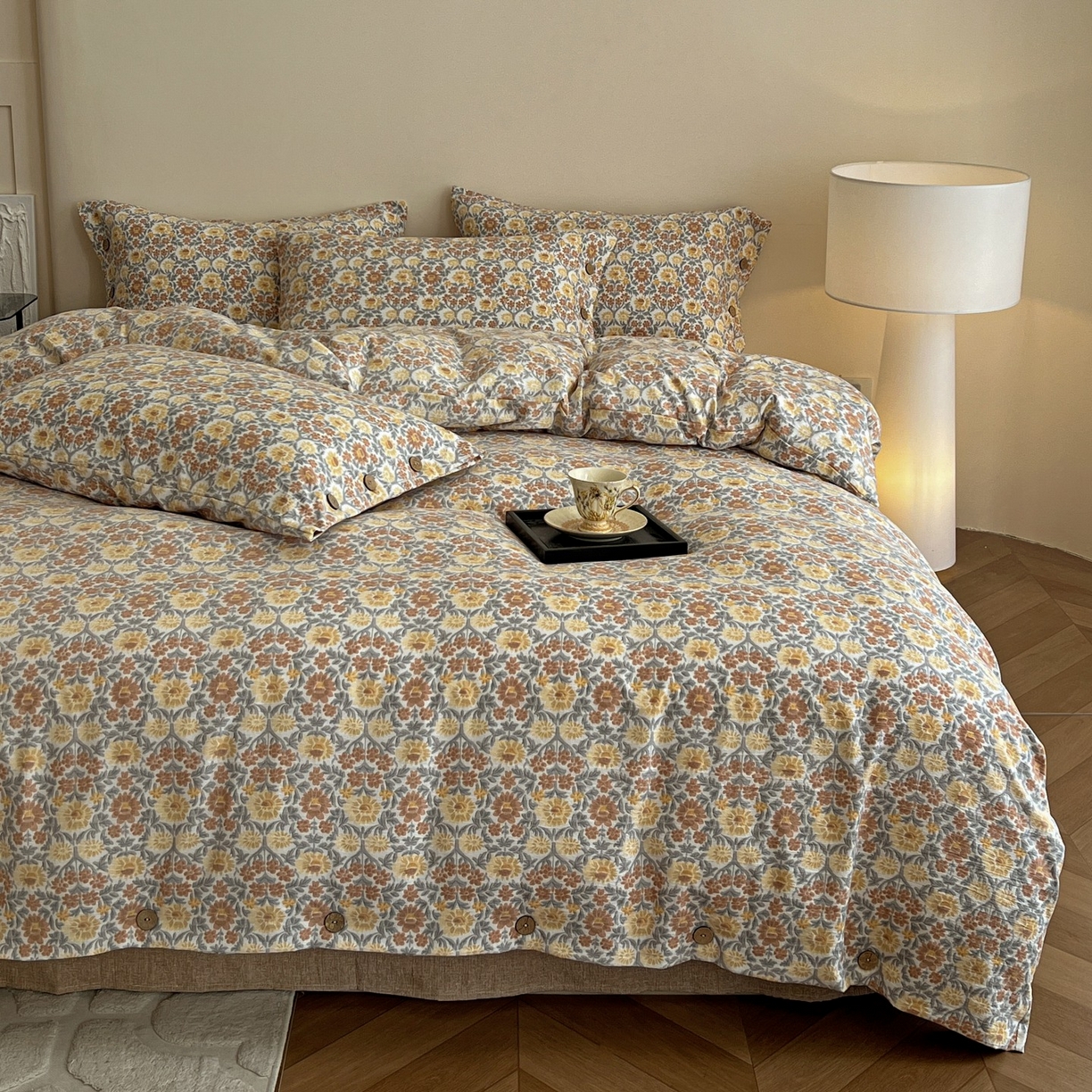 91家纺网 家纺一手货源 找家纺 梦纤绒 2025新款亚麻纽扣款四件套 洛神