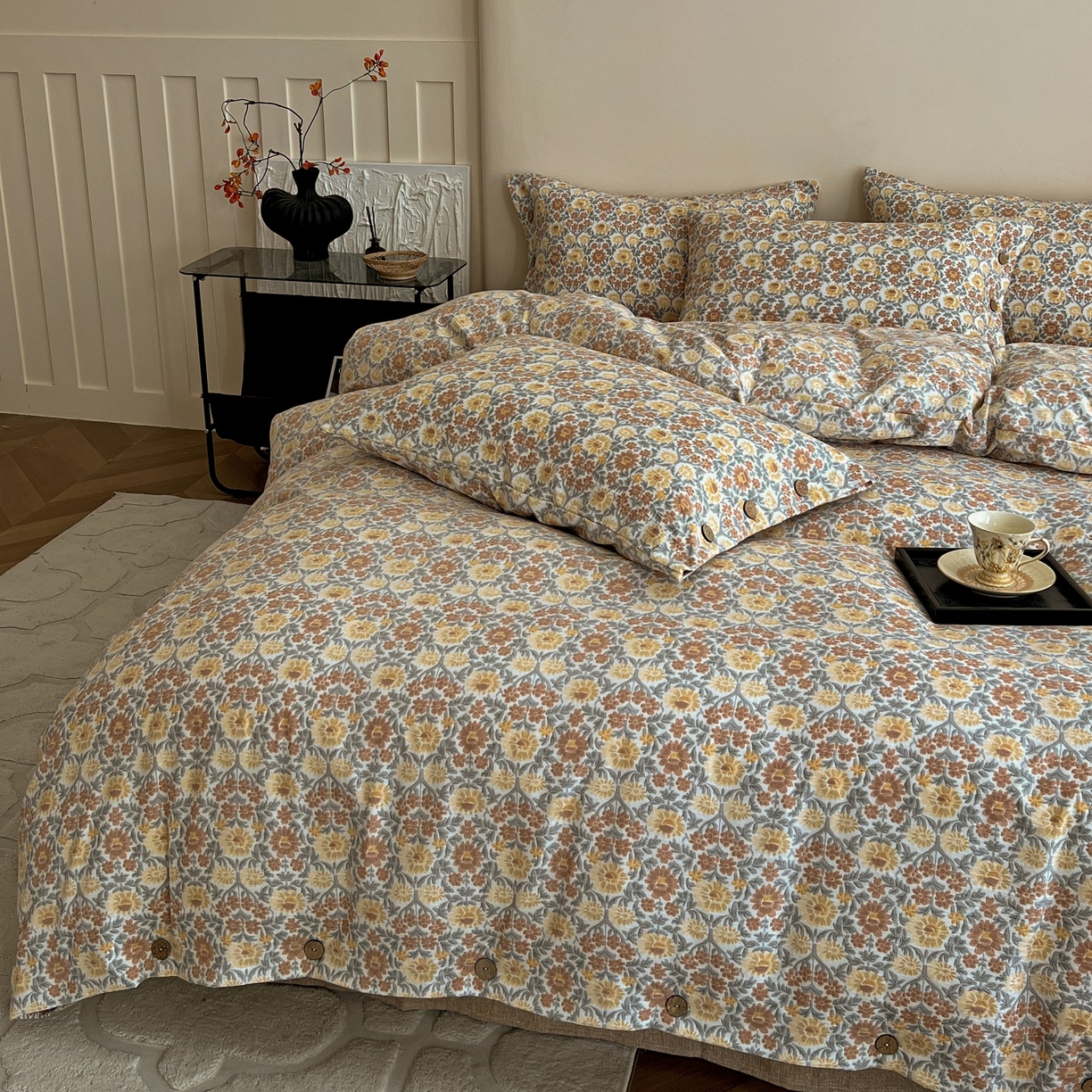 91家纺网 家纺一手货源 找家纺 梦纤绒 2025新款亚麻纽扣款四件套 洛神