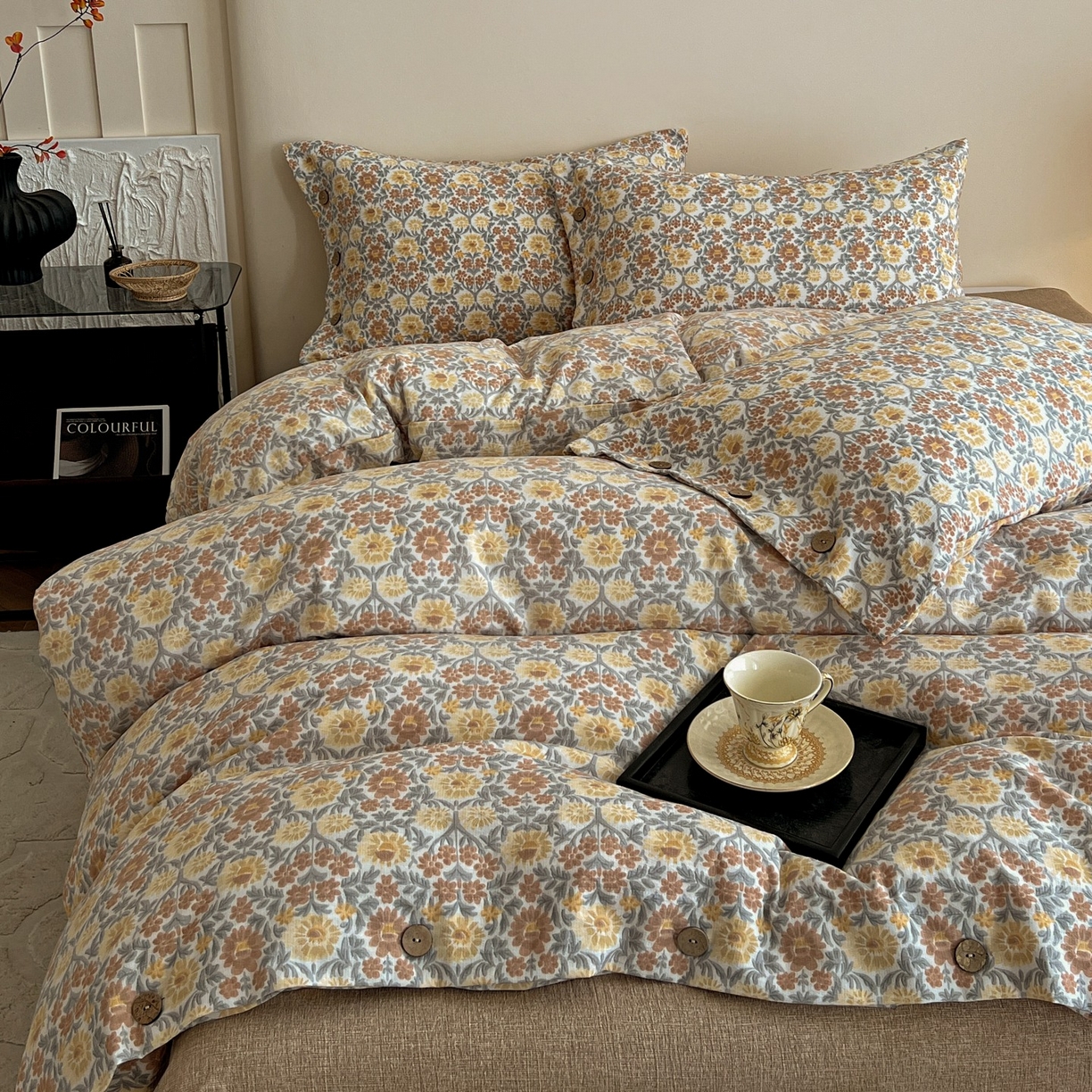 91家纺网 家纺一手货源 找家纺 梦纤绒 2025新款亚麻纽扣款四件套 洛神