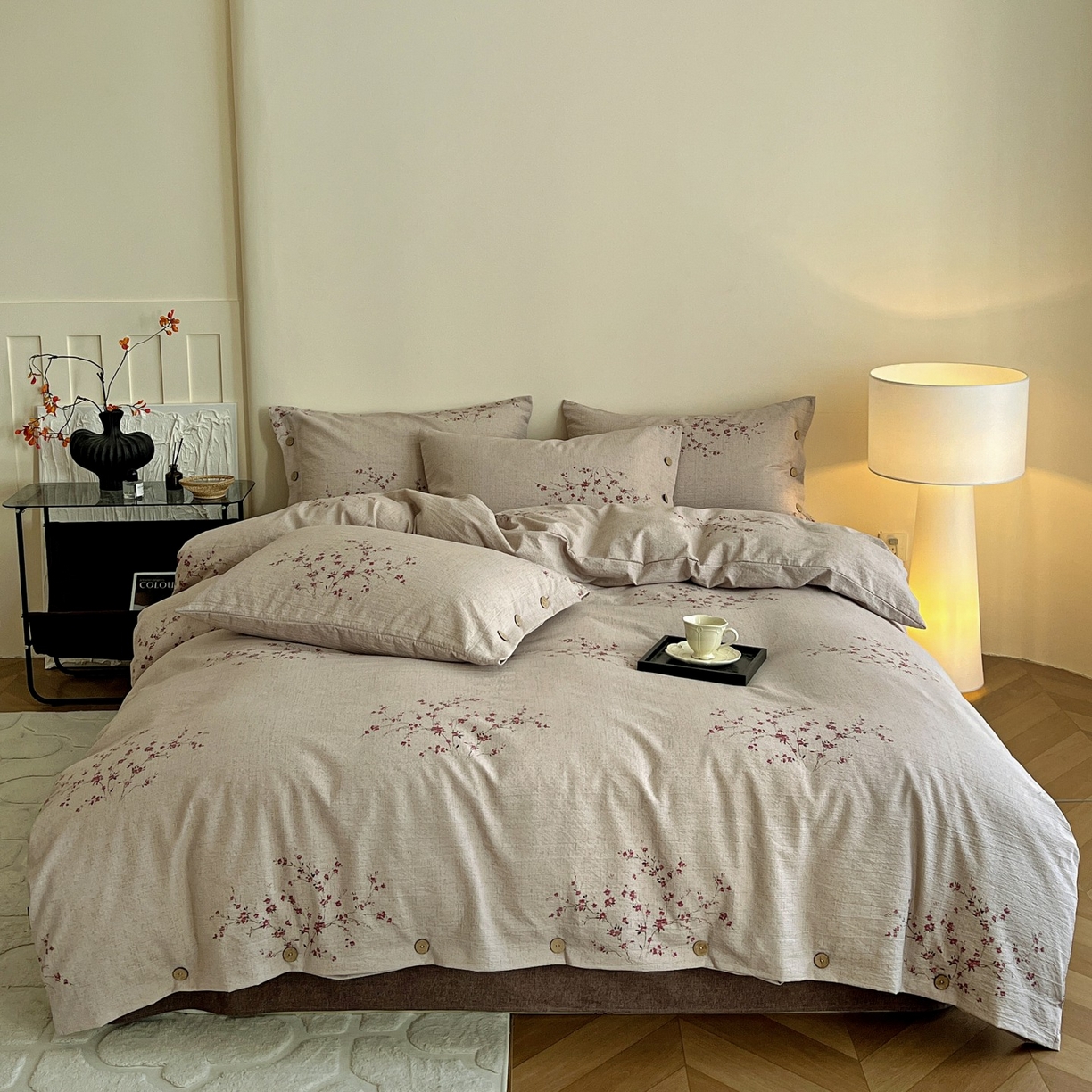 梦纤绒 2025新款亚麻纽扣款四件套 梅花洛