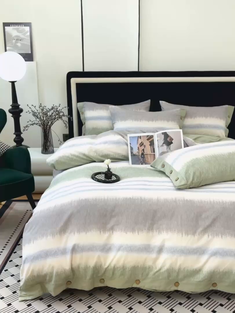 91家纺网 家纺一手货源 找家纺 未来家居 2025秋冬新款全棉加厚磨毛纽扣工艺四件套 暖调-绿