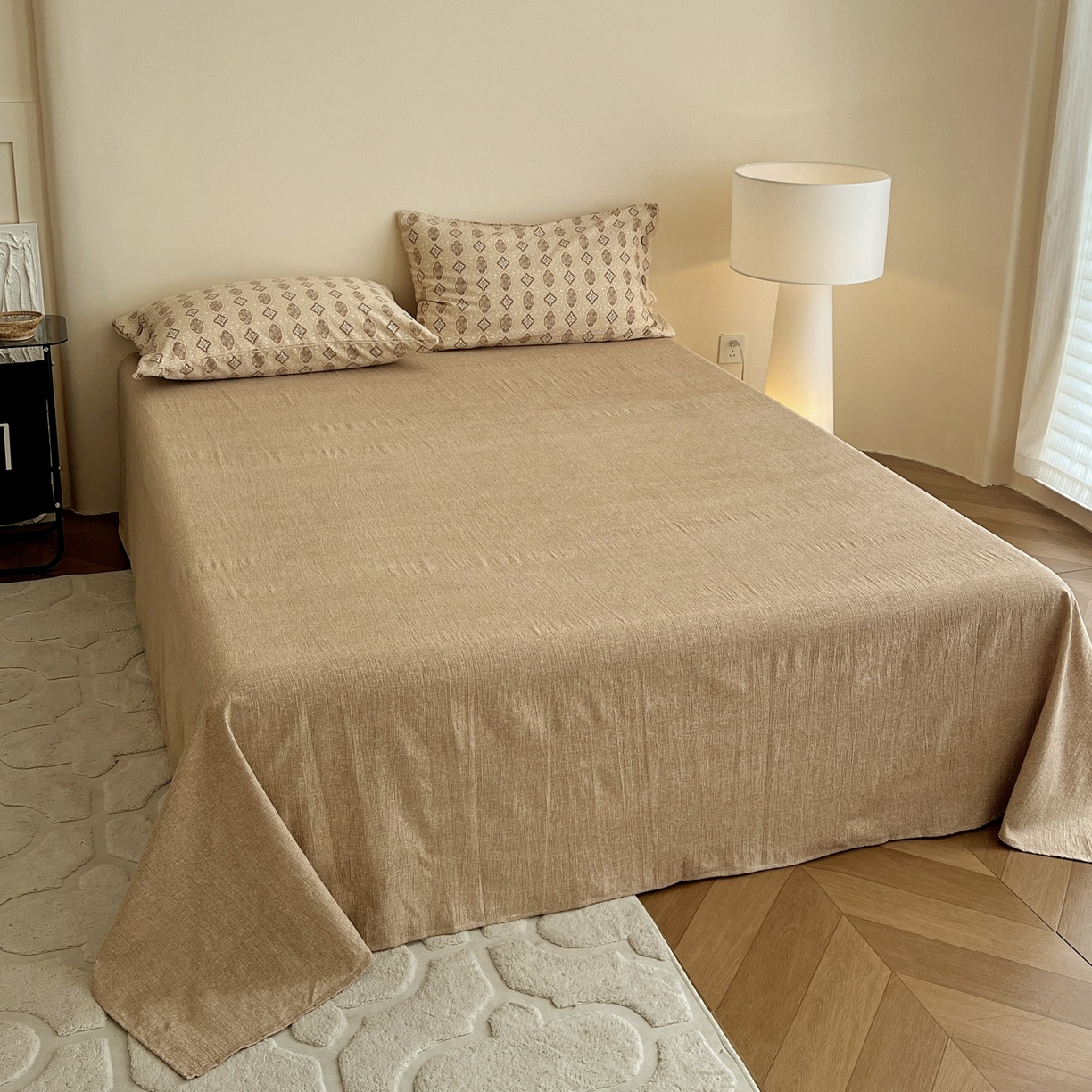 91家纺网 家纺一手货源 找家纺 梦纤绒 2025新款亚麻纽扣款四件套 时光里