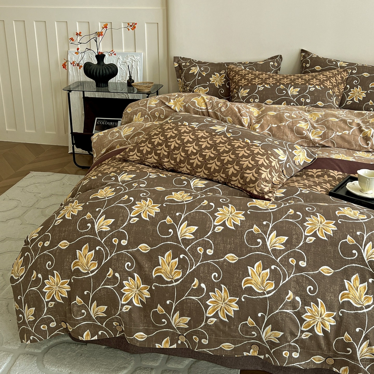 91家纺网 家纺一手货源 找家纺 梦纤绒 2025新款亚麻纽扣款四件套 一路繁花