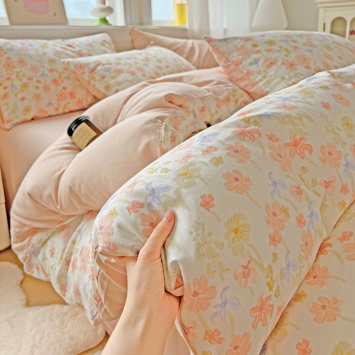 91家纺网 家纺一手货源 找家纺 小懒猪 2025新款全棉有氧有氧双层纱清新印花四件套 姹紫嫣红