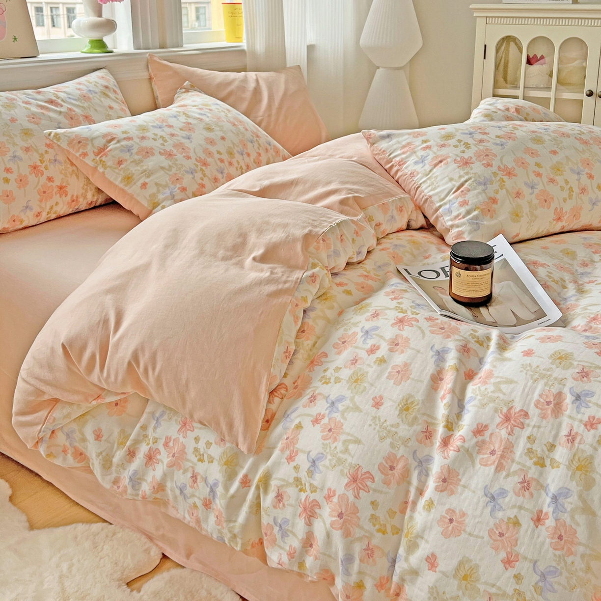 91家纺网 家纺一手货源 找家纺 小懒猪 2025新款全棉有氧有氧双层纱清新印花四件套 姹紫嫣红