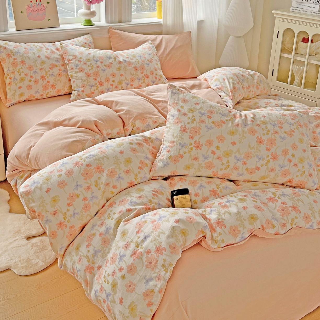 91家纺网 家纺一手货源 找家纺 小懒猪 2025新款全棉有氧有氧双层纱清新印花四件套 姹紫嫣红