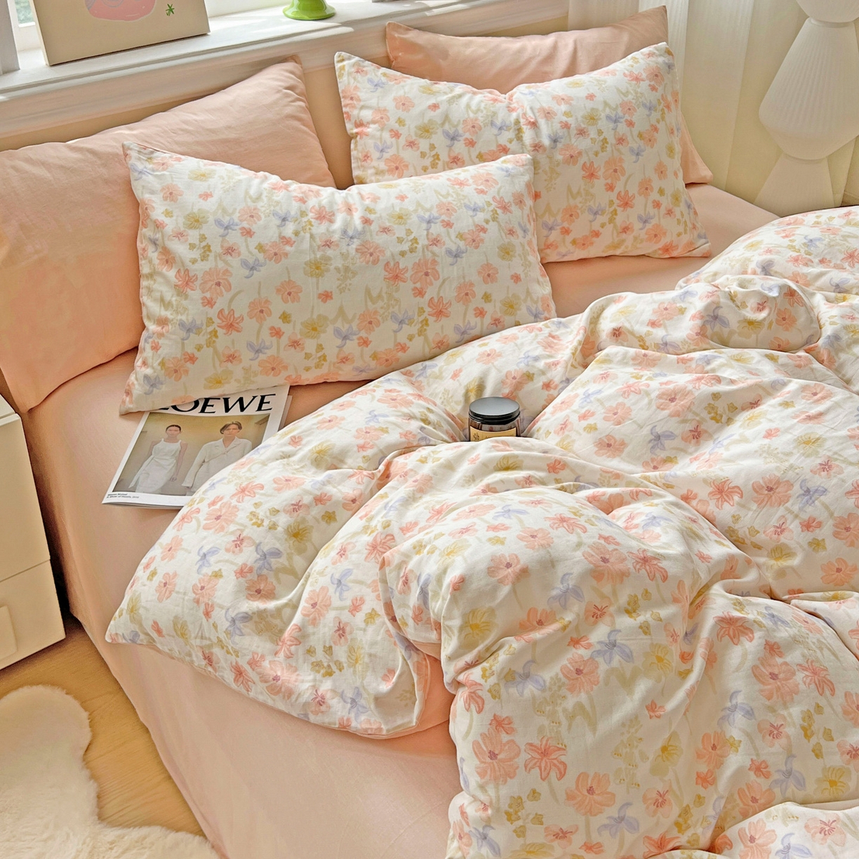 91家纺网 家纺一手货源 找家纺 小懒猪 2025新款全棉有氧有氧双层纱清新印花四件套 姹紫嫣红