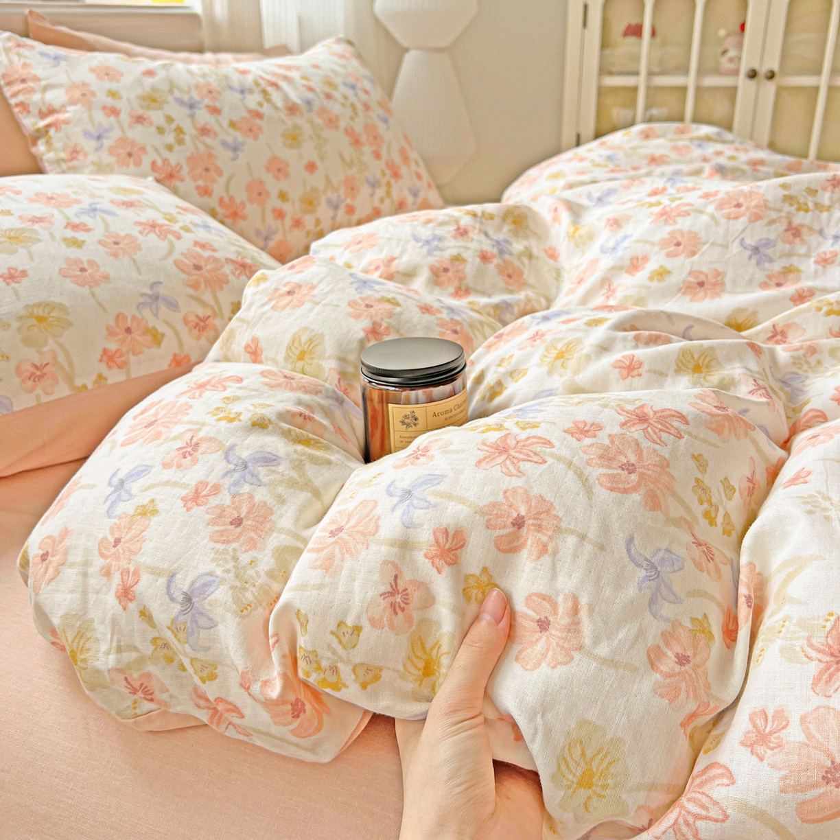 91家纺网 家纺一手货源 找家纺 小懒猪 2025新款全棉有氧有氧双层纱清新印花四件套 姹紫嫣红