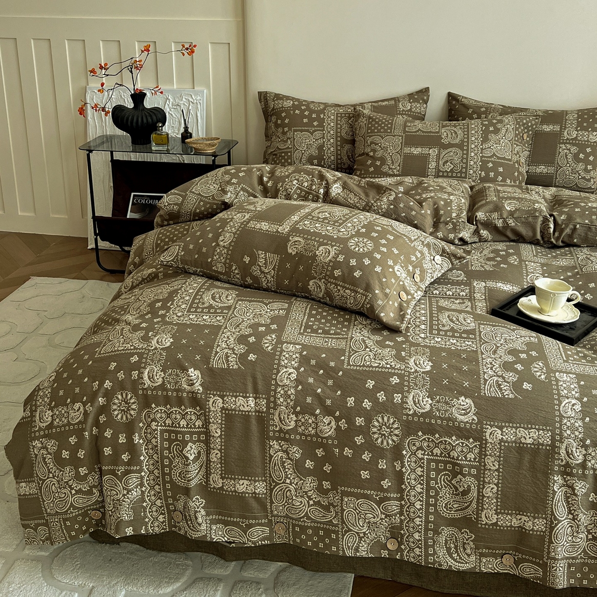 91家纺网 家纺一手货源 找家纺 梦纤绒 2025新款亚麻纽扣款四件套 印象庄园