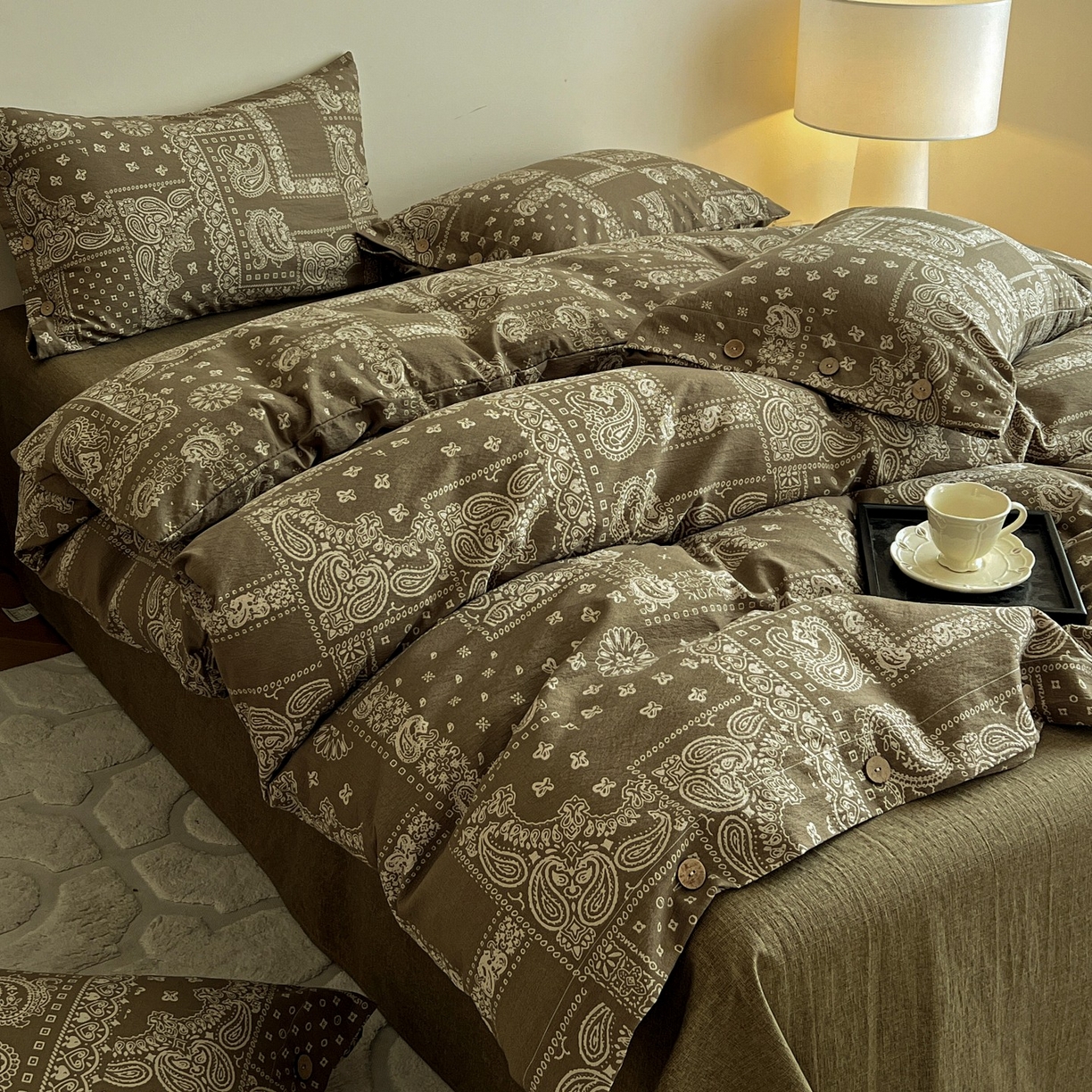 91家纺网 家纺一手货源 找家纺 梦纤绒 2025新款亚麻纽扣款四件套 印象庄园