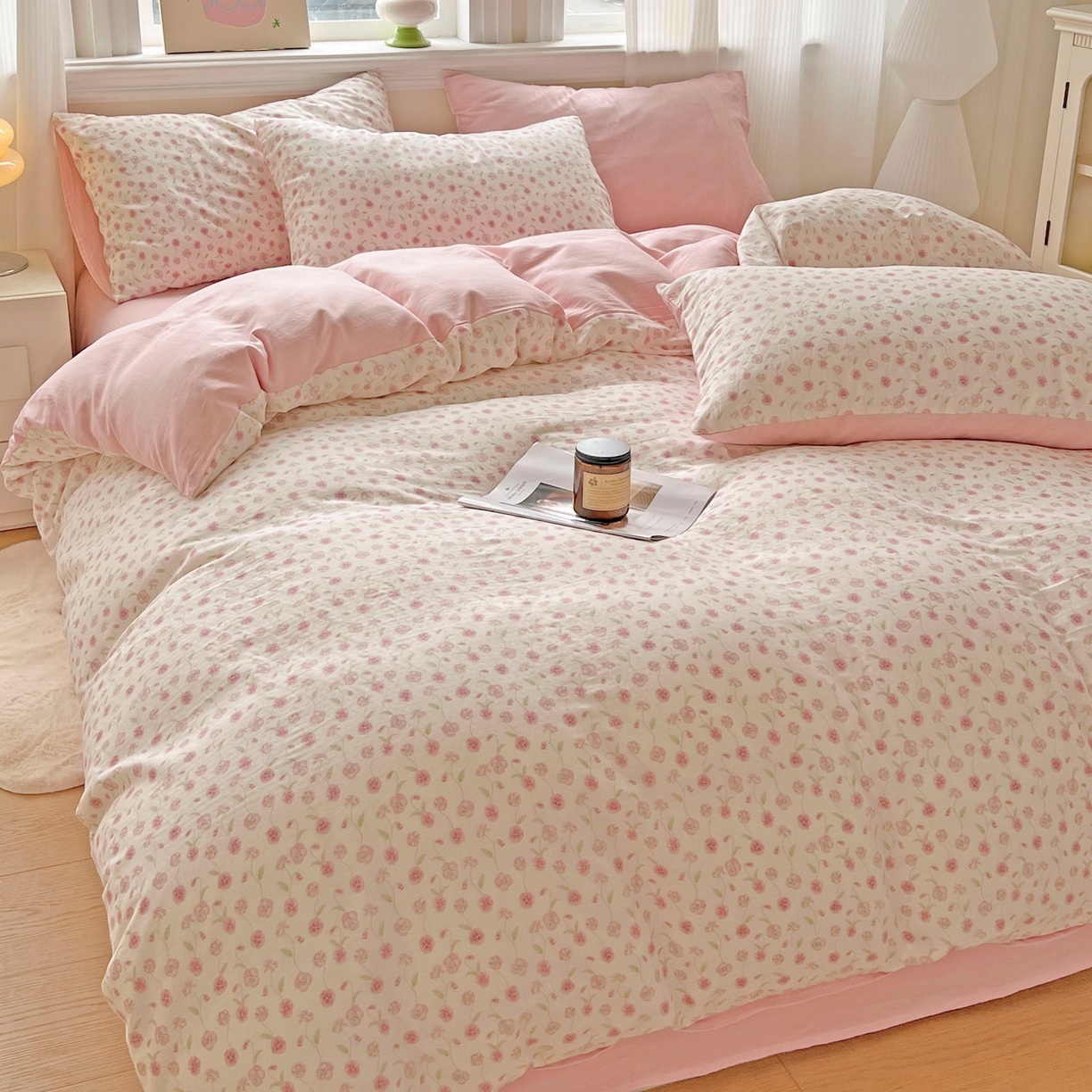 91家纺网 家纺一手货源 找家纺 小懒猪 2025新款全棉有氧有氧双层纱清新印花四件套 繁花似锦