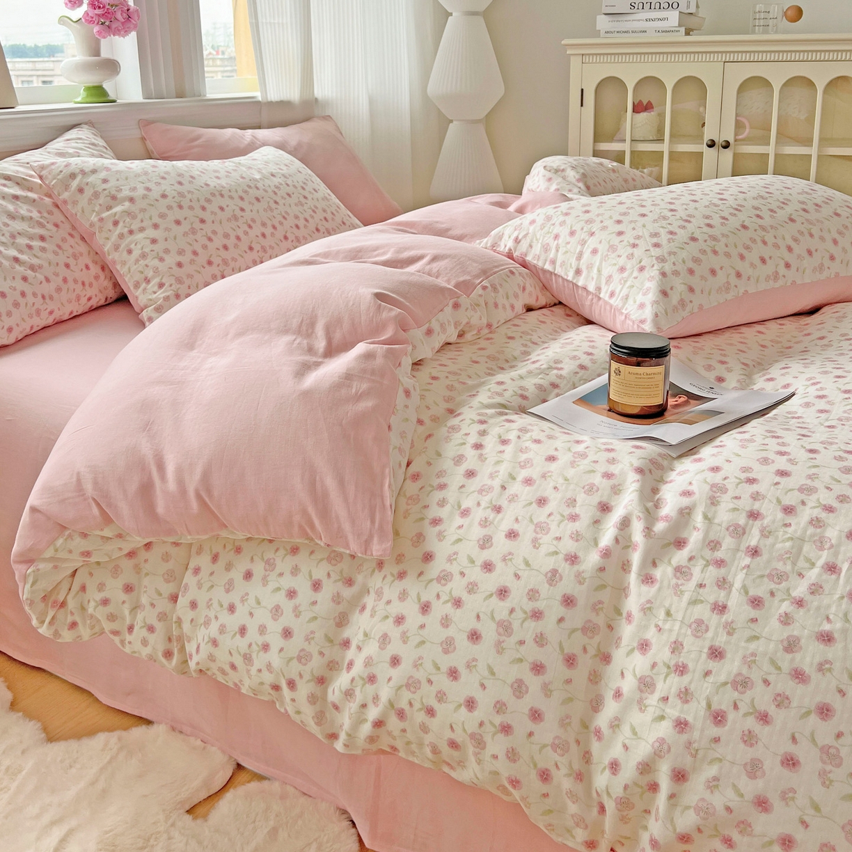 91家纺网 家纺一手货源 找家纺 小懒猪 2025新款全棉有氧有氧双层纱清新印花四件套 繁花似锦