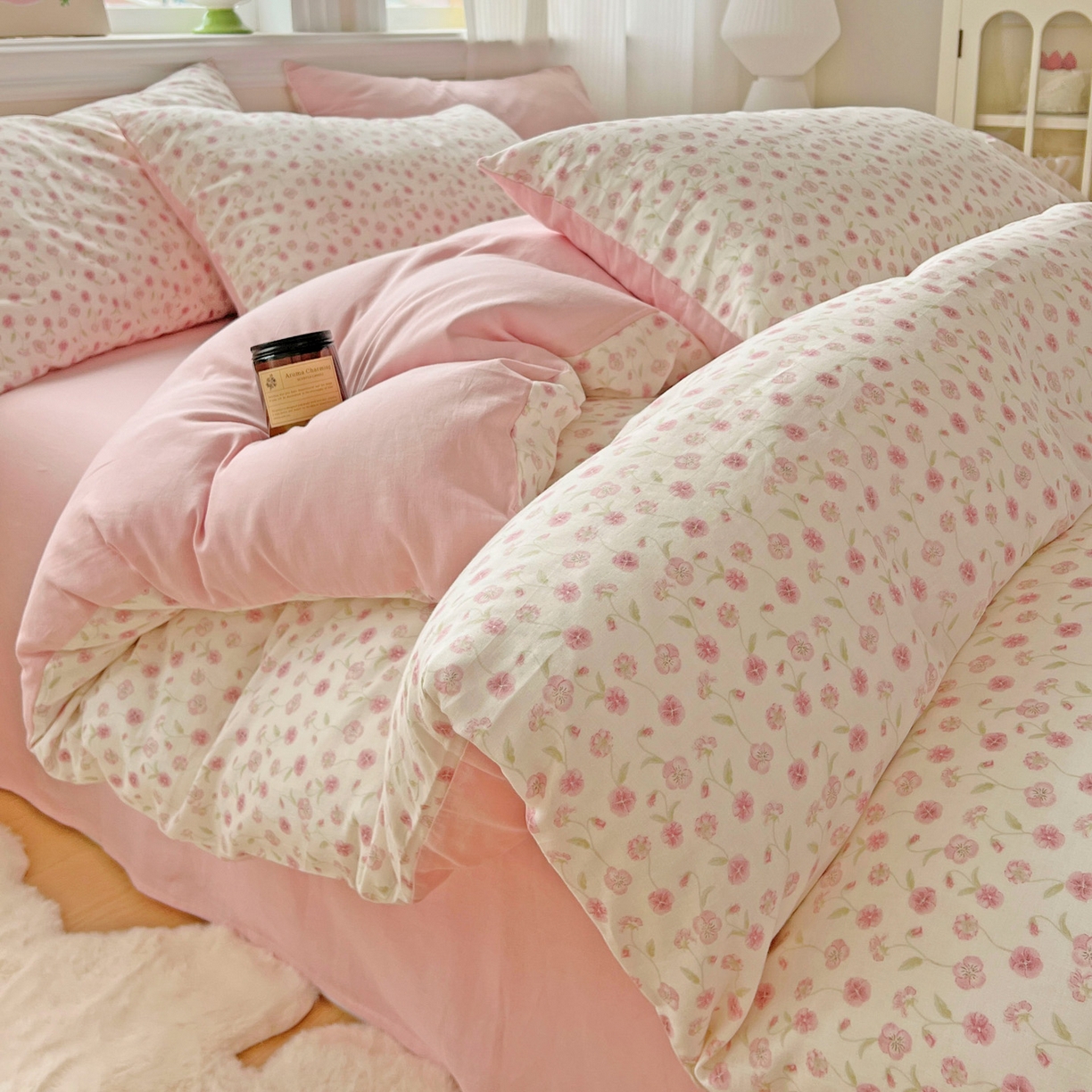 91家纺网 家纺一手货源 找家纺 小懒猪 2025新款全棉有氧有氧双层纱清新印花四件套 繁花似锦