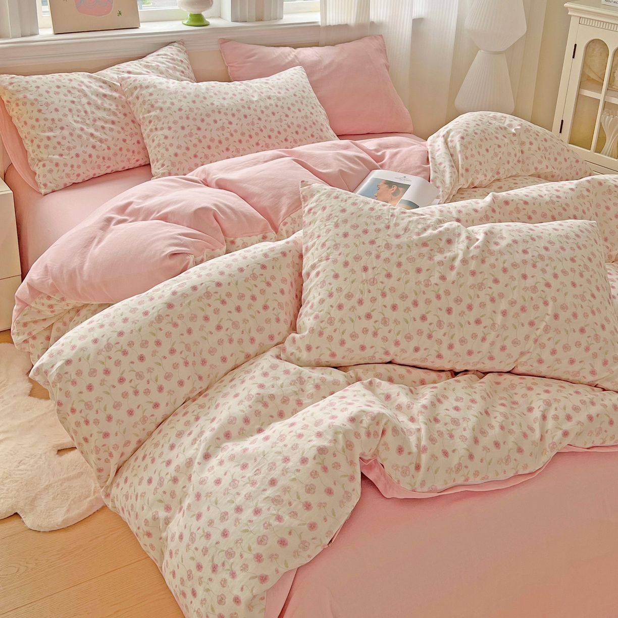 91家纺网 家纺一手货源 找家纺 小懒猪 2025新款全棉有氧有氧双层纱清新印花四件套 繁花似锦