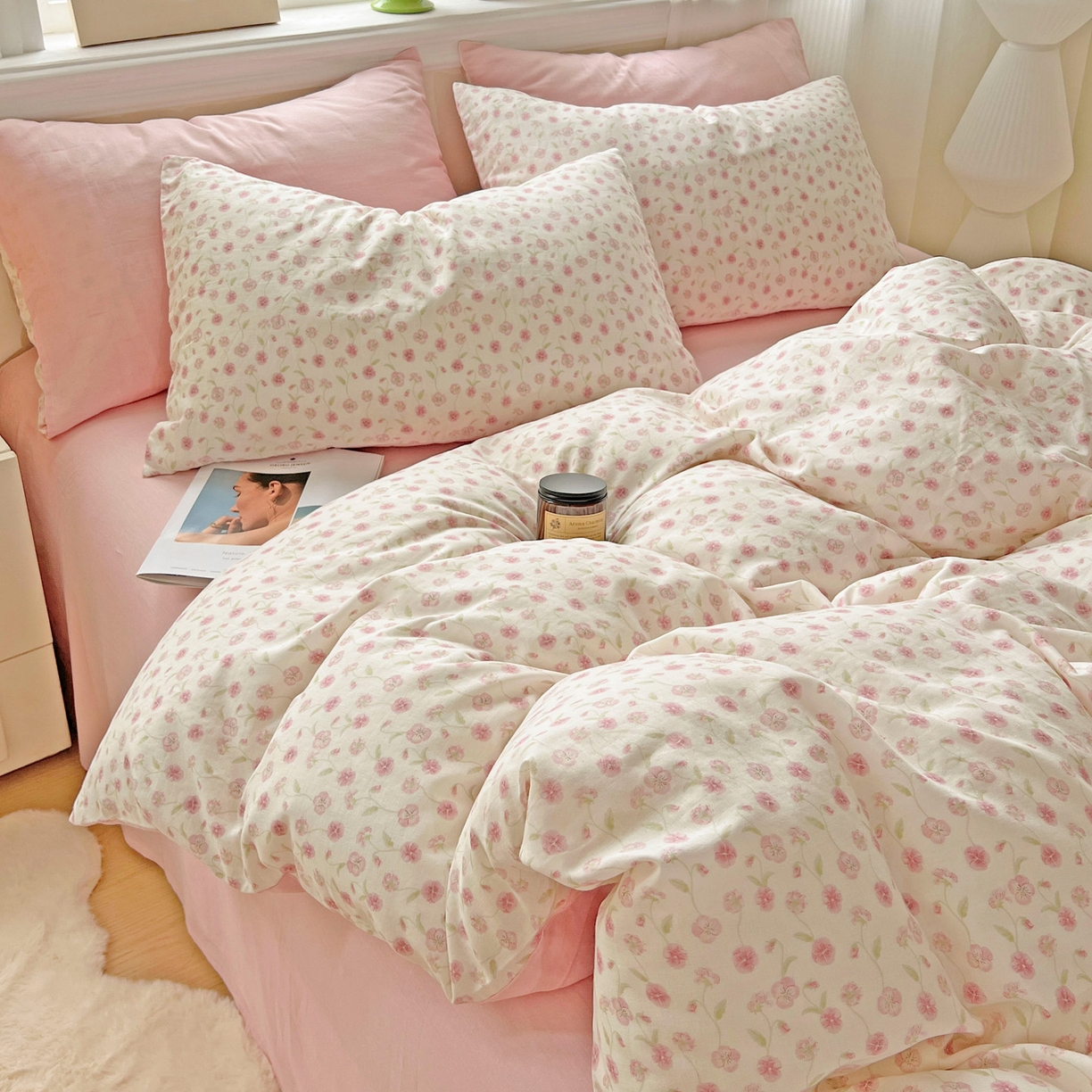 91家纺网 家纺一手货源 找家纺 小懒猪 2025新款全棉有氧有氧双层纱清新印花四件套 繁花似锦