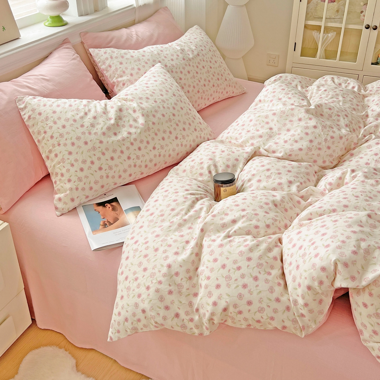 91家纺网 家纺一手货源 找家纺 小懒猪 2025新款全棉有氧有氧双层纱清新印花四件套 繁花似锦