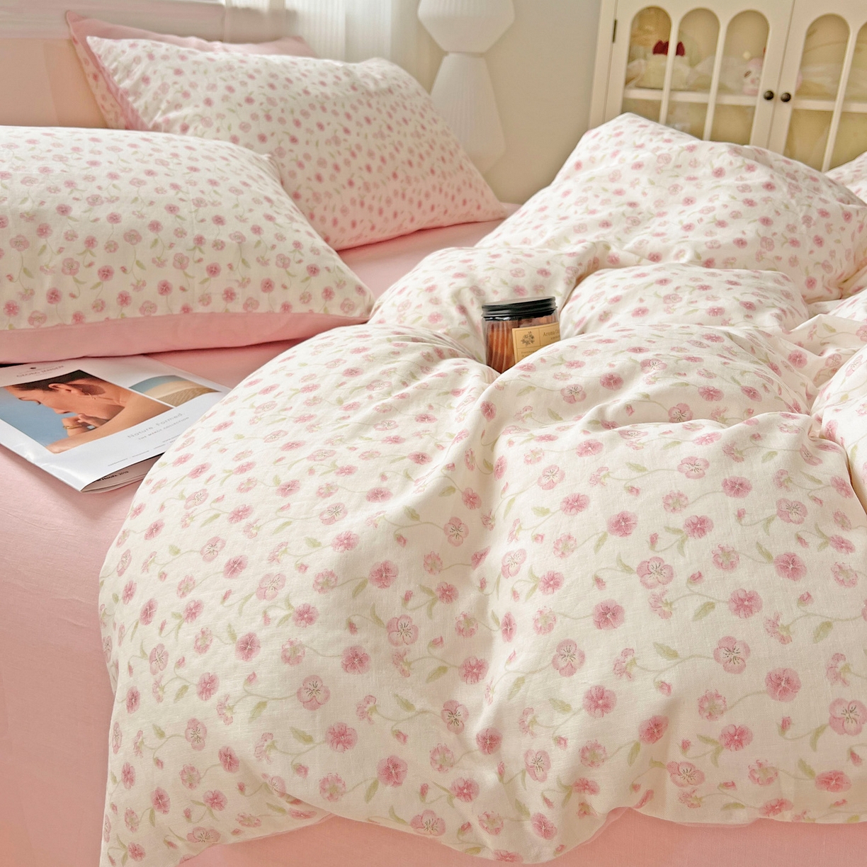 91家纺网 家纺一手货源 找家纺 小懒猪 2025新款全棉有氧有氧双层纱清新印花四件套 繁花似锦