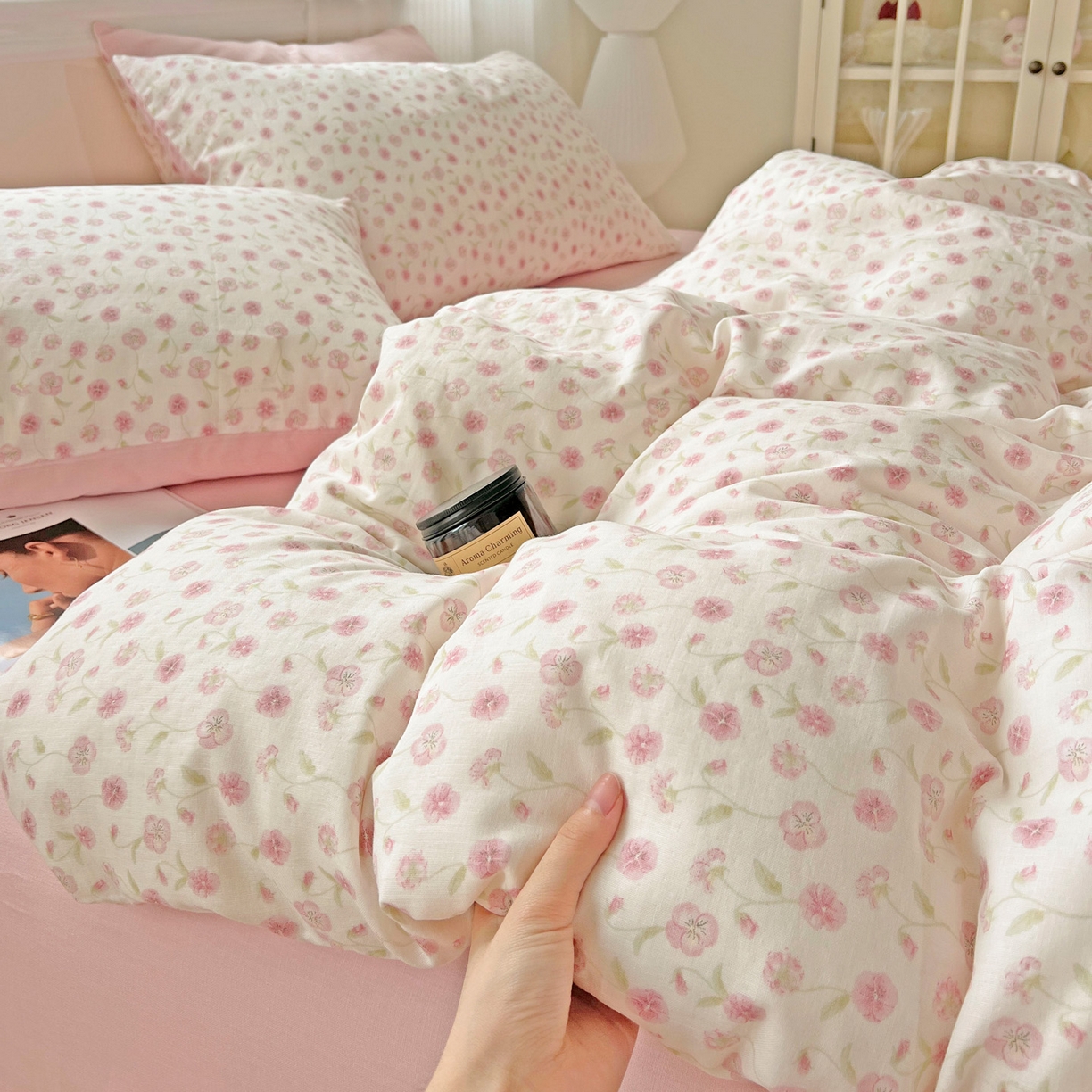 91家纺网 家纺一手货源 找家纺 小懒猪 2025新款全棉有氧有氧双层纱清新印花四件套 繁花似锦