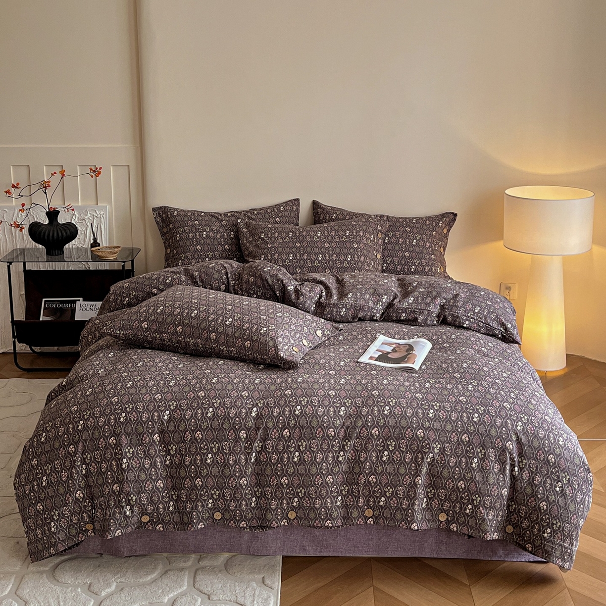 梦纤绒 2025新款亚麻纽扣款四件套 紫韵