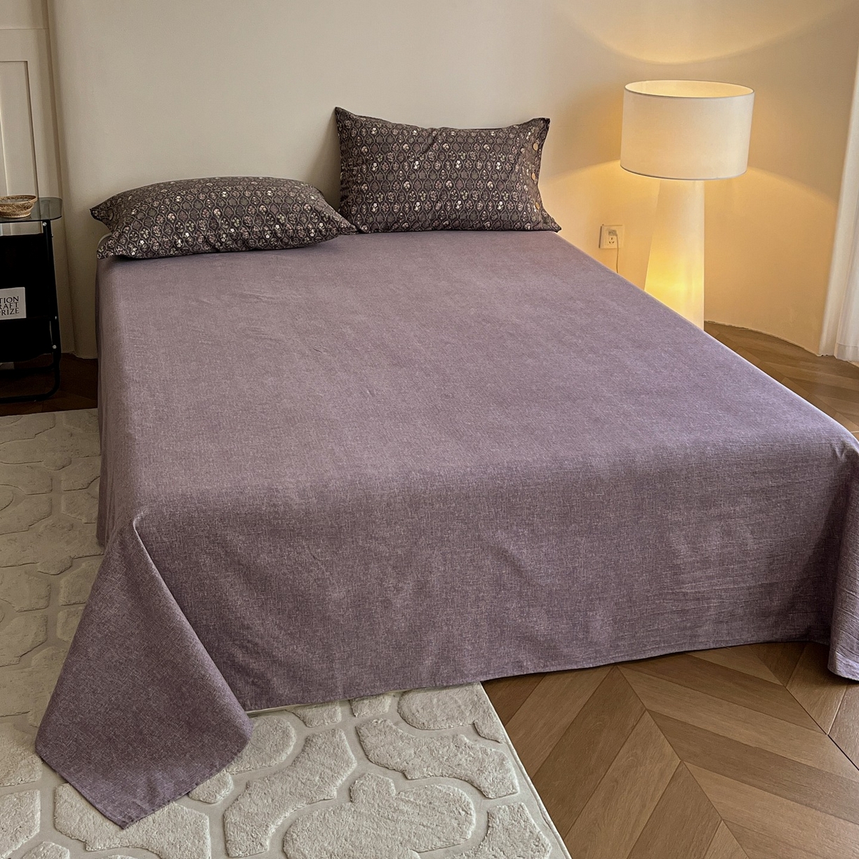 91家纺网 家纺一手货源 找家纺 梦纤绒 2025新款亚麻纽扣款四件套 紫韵