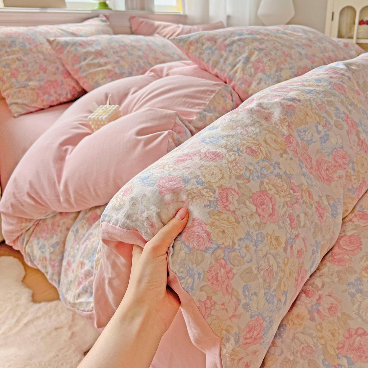 91家纺网 家纺一手货源 找家纺 小懒猪 2025新款全棉有氧有氧双层纱清新印花四件套 富贵满园