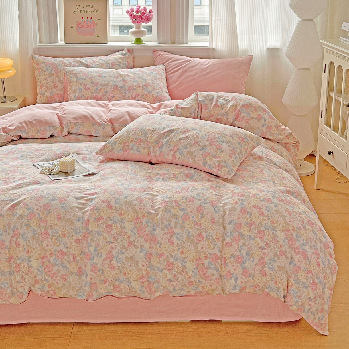 91家纺网 家纺一手货源 找家纺 小懒猪 2025新款全棉有氧有氧双层纱清新印花四件套 富贵满园