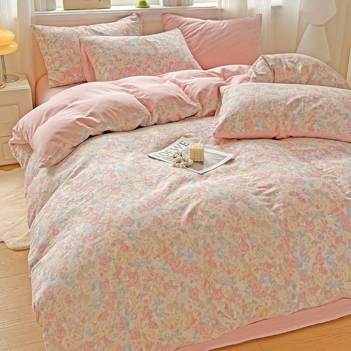 91家纺网 家纺一手货源 找家纺 小懒猪 2025新款全棉有氧有氧双层纱清新印花四件套 富贵满园