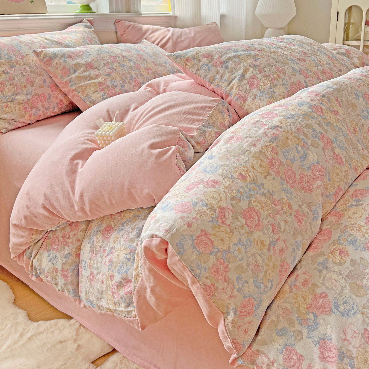 91家纺网 家纺一手货源 找家纺 小懒猪 2025新款全棉有氧有氧双层纱清新印花四件套 富贵满园