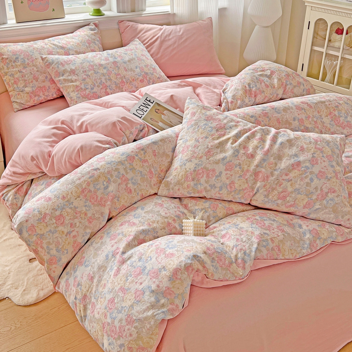 91家纺网 家纺一手货源 找家纺 小懒猪 2025新款全棉有氧有氧双层纱清新印花四件套 富贵满园