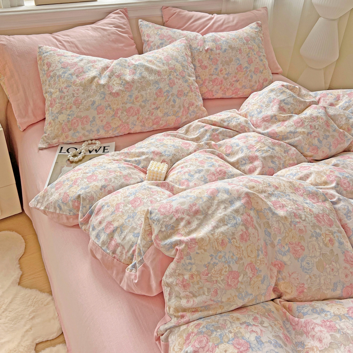 91家纺网 家纺一手货源 找家纺 小懒猪 2025新款全棉有氧有氧双层纱清新印花四件套 富贵满园