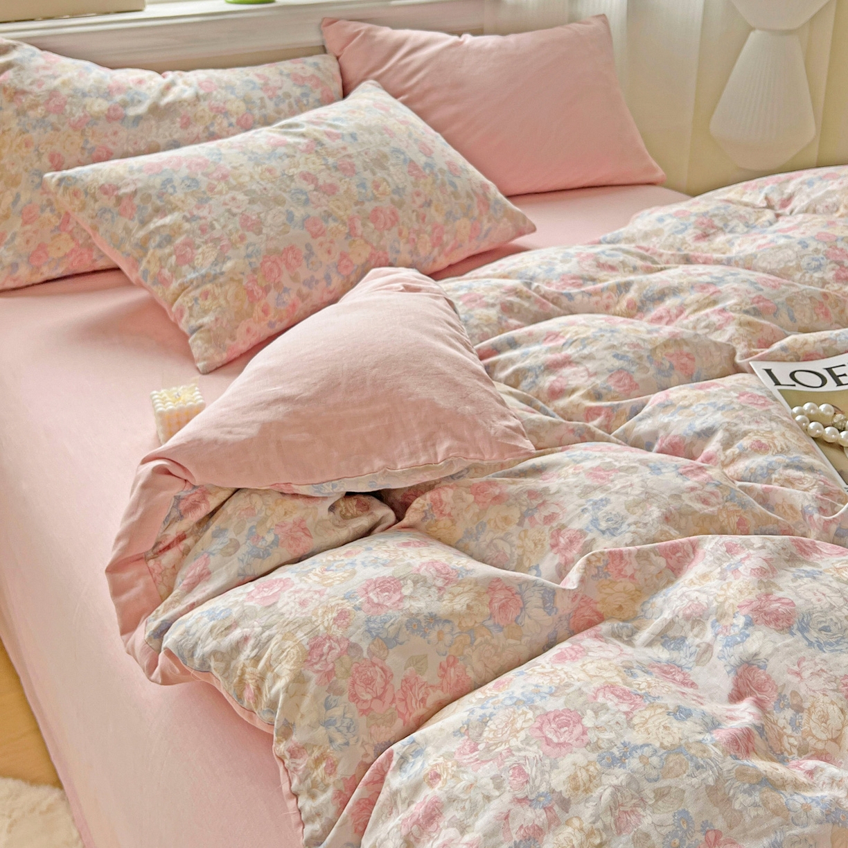 91家纺网 家纺一手货源 找家纺 小懒猪 2025新款全棉有氧有氧双层纱清新印花四件套 富贵满园