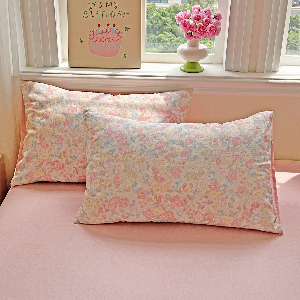 91家纺网 家纺一手货源 找家纺 小懒猪 2025新款全棉有氧有氧双层纱清新印花四件套 富贵满园