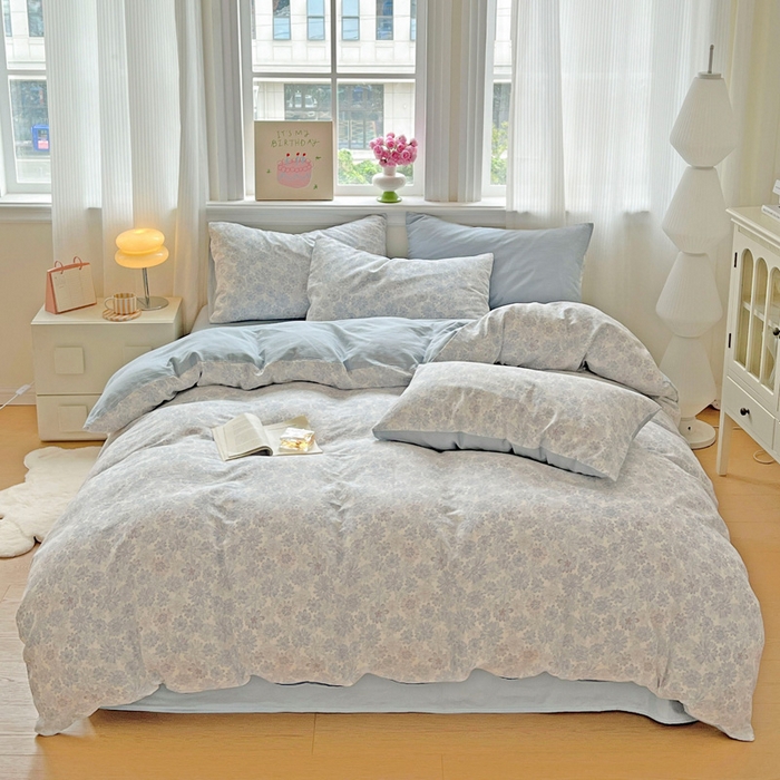 小懒猪 2025新款全棉有氧有氧双层纱清新印花四件套 蓝花倩影