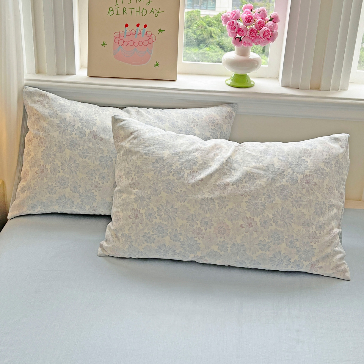 91家纺网 家纺一手货源 找家纺 小懒猪 2025新款全棉有氧有氧双层纱清新印花四件套 蓝花倩影