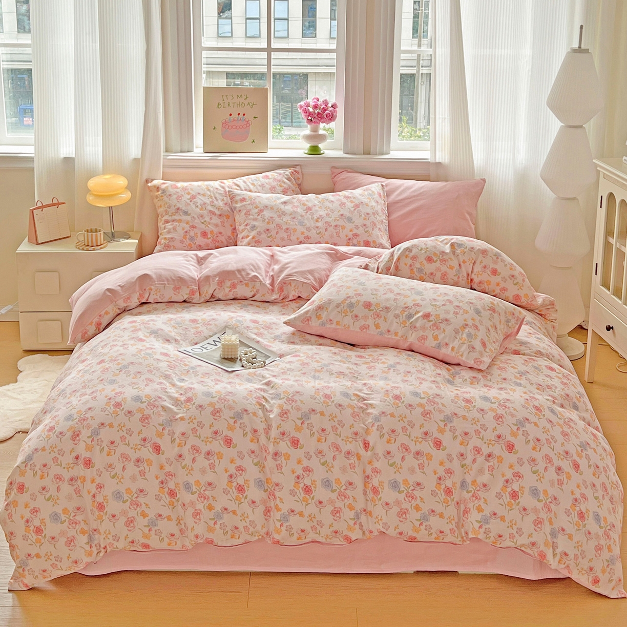 小懒猪 2025新款全棉有氧有氧双层纱清新印花四件套 玫瑰花语